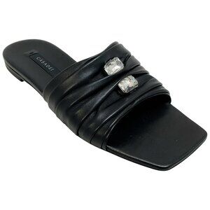 Casadei Black Leather Ruched Flat Slides with Crystals